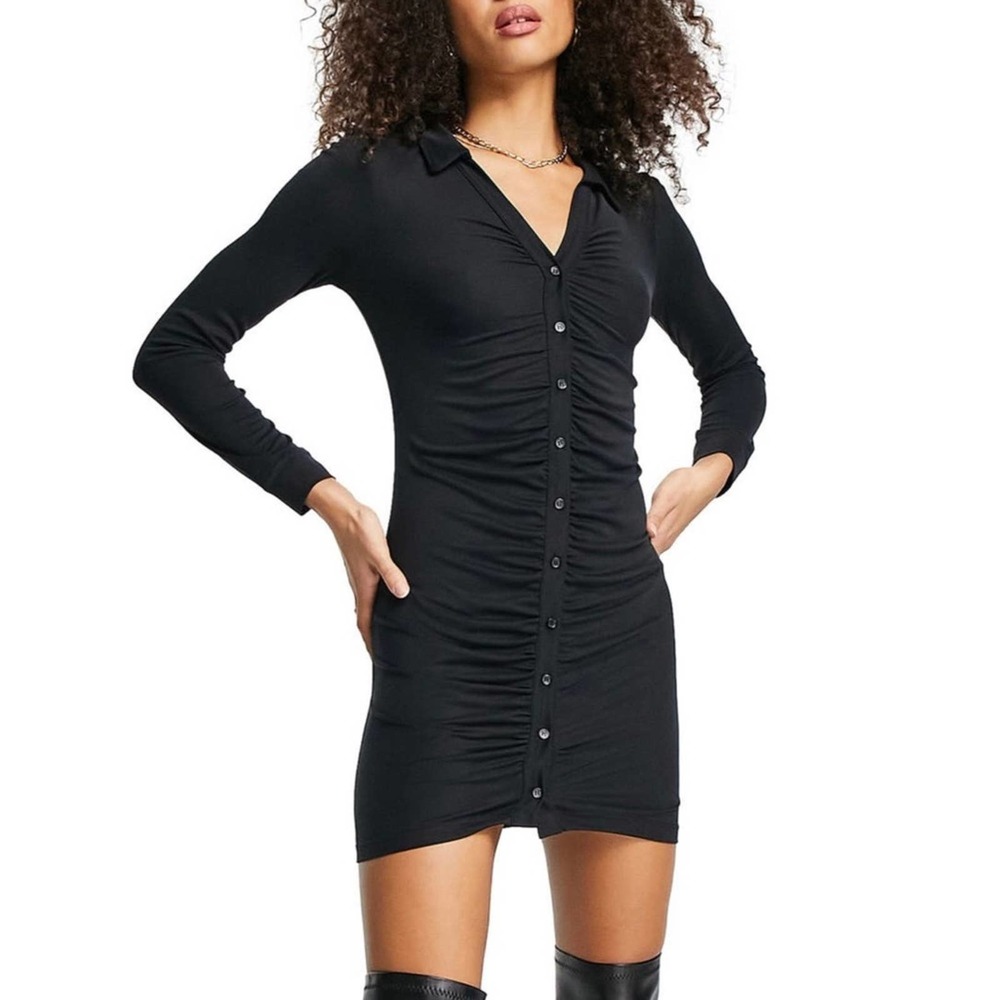 Topshop Dress Ruched Jersey Cupro Mini Shirt Dress Black Size 8